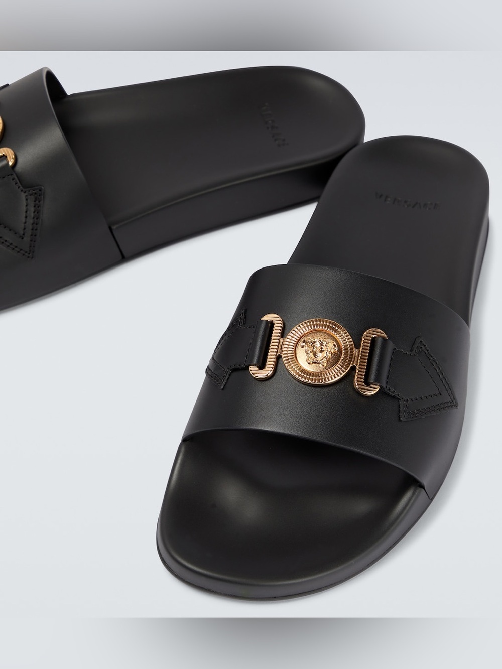 Versace Medusa Biggie Slide Sandals Black Gold Leather Women’s 38 NWOT
